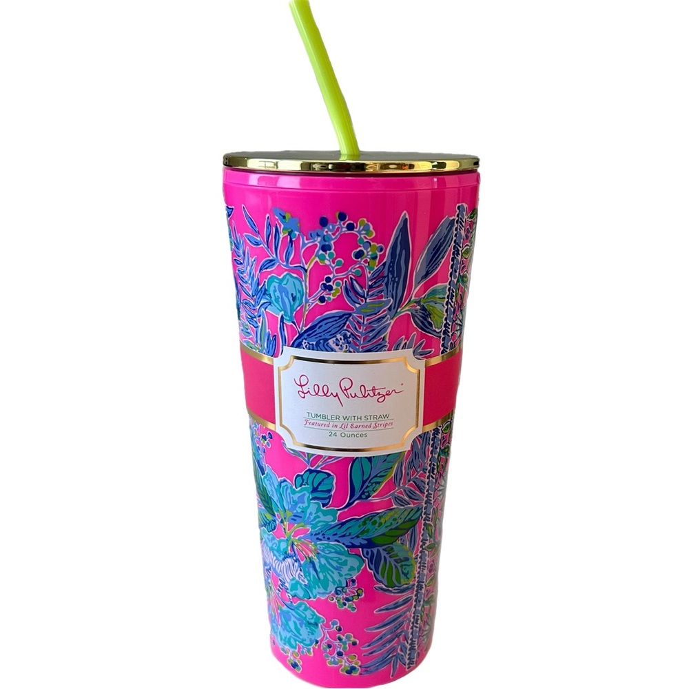 Lilly Pulitzer Double Wall Tumbler Gold Lid Straw 24 Oz Lil Earned Stripes NEW